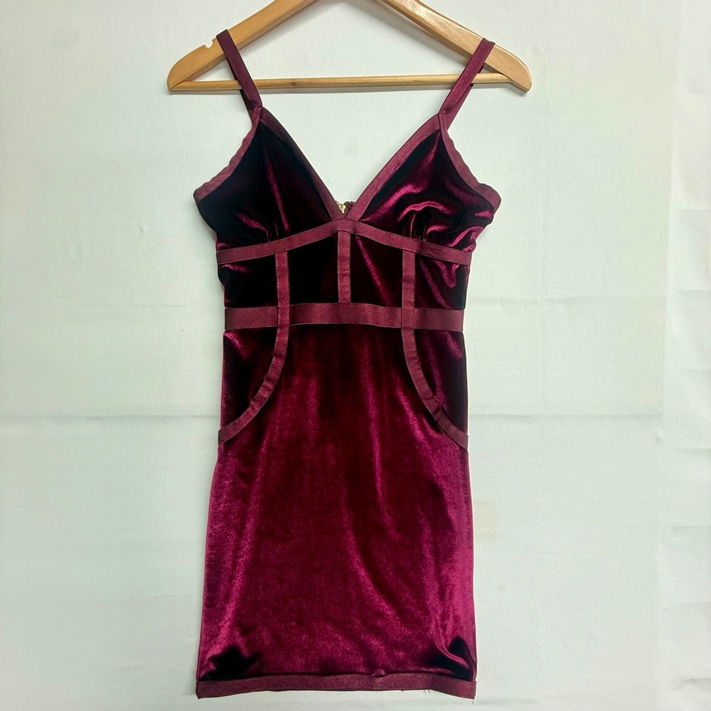 Guess Burgundy Velvet Mini Dress S Strappy‎ Bodycon Holiday Party Club